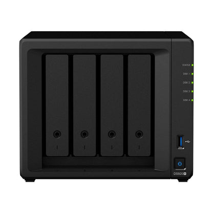 Zwarte Synology DiskStation 4-bay NAS met vier schijfslots, statuslampjes en een USB-poort aan de voorzijde.