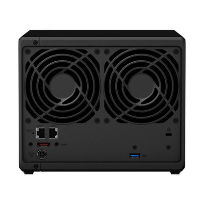 Zwarte achterkant van Synology DiskStation DS925+ 4-bay NAS met dubbele ventilatoren en diverse aansluitpoorten.