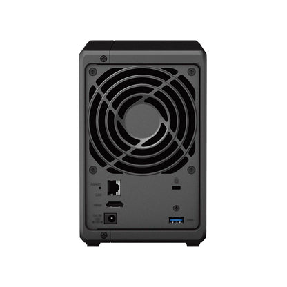 Zwarte Synology DVA1622 2-bay NVR achterkant met ventilator, HDMI-poort, LAN-aansluiting en USB-poort.