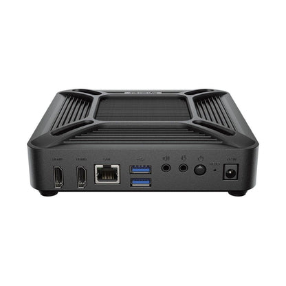 Zwarte Synology VS600HD bewakingsclient met HDMI-, LAN- en USB-poorten in een compact, geribbeld behuizingsontwerp.