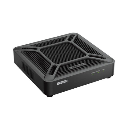 Zwarte, compacte Synology VS600HD bewakingsclient met ventilatieroosters en statuslampjes voor Surveillance Station.