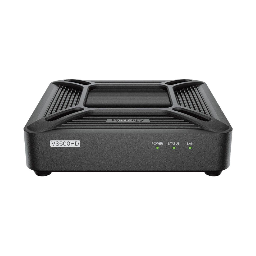 Compacte zwarte Synology VS600HD bewakingsclient met statuslampjes en ventilatieontwerp voor Surveillance Station.