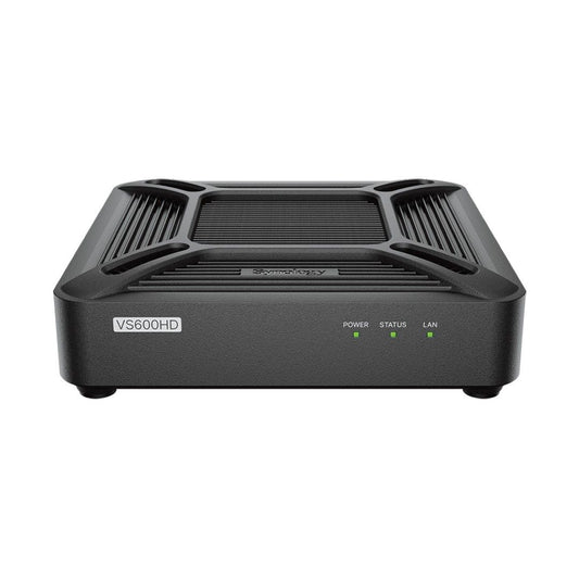 Compacte zwarte Synology VS600HD bewakingsclient met statuslampjes en ventilatieontwerp voor Surveillance Station.
