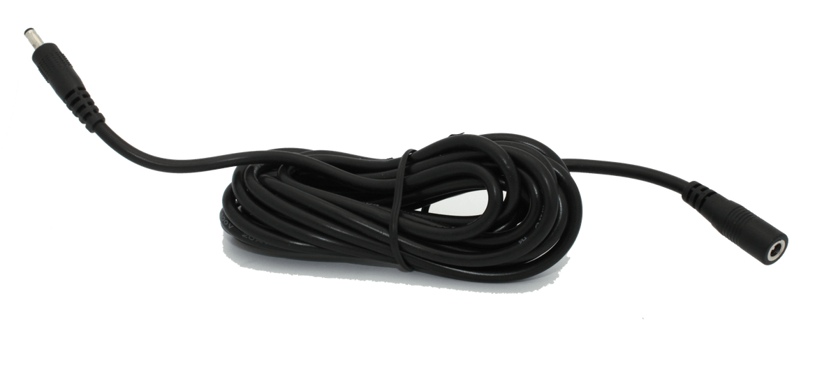 Zwarte 3 meter Foscam verlengkabel met een mannelijke en vrouwelijke DC-connector voor stroomvoorziening.