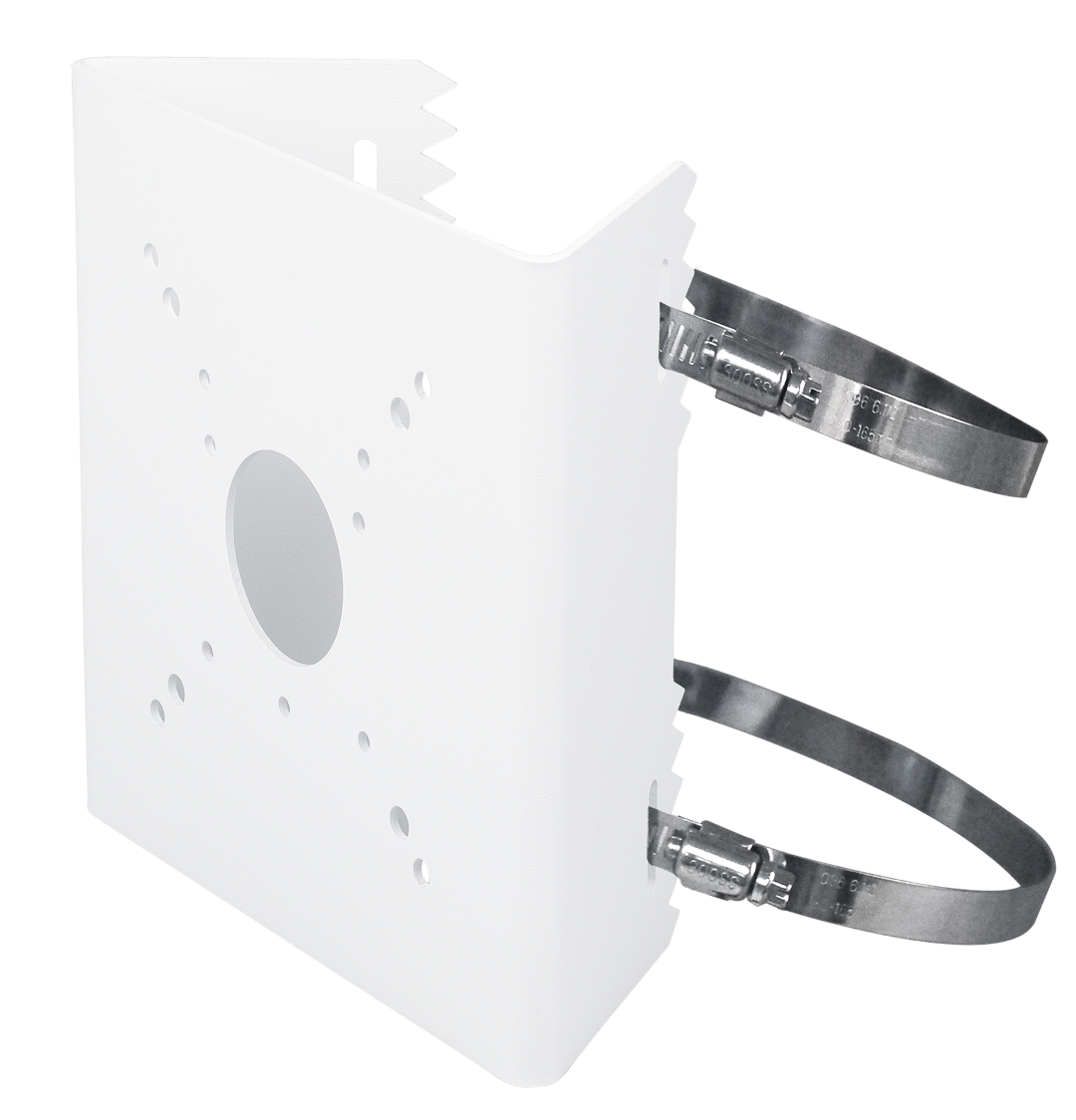 Witte Vivotek AM-312 V04 verstelbare montagearm met metalen bevestigingsbanden voor beveiligingscamera's.