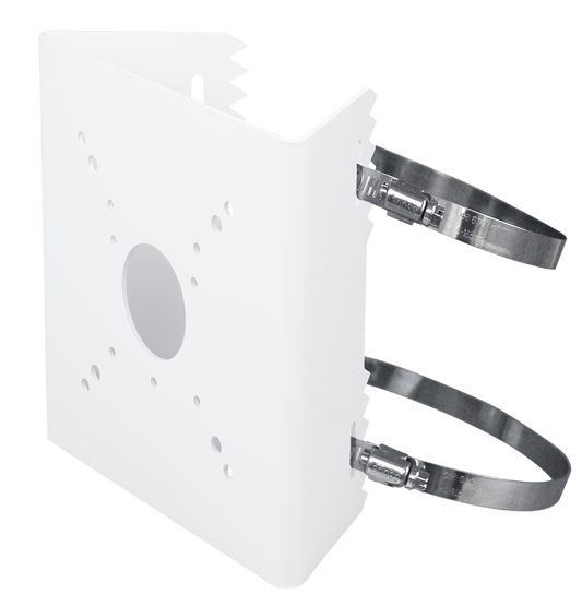 Witte Vivotek AM-312 V04 verstelbare montagearm met metalen bevestigingsbanden voor beveiligingscamera's.