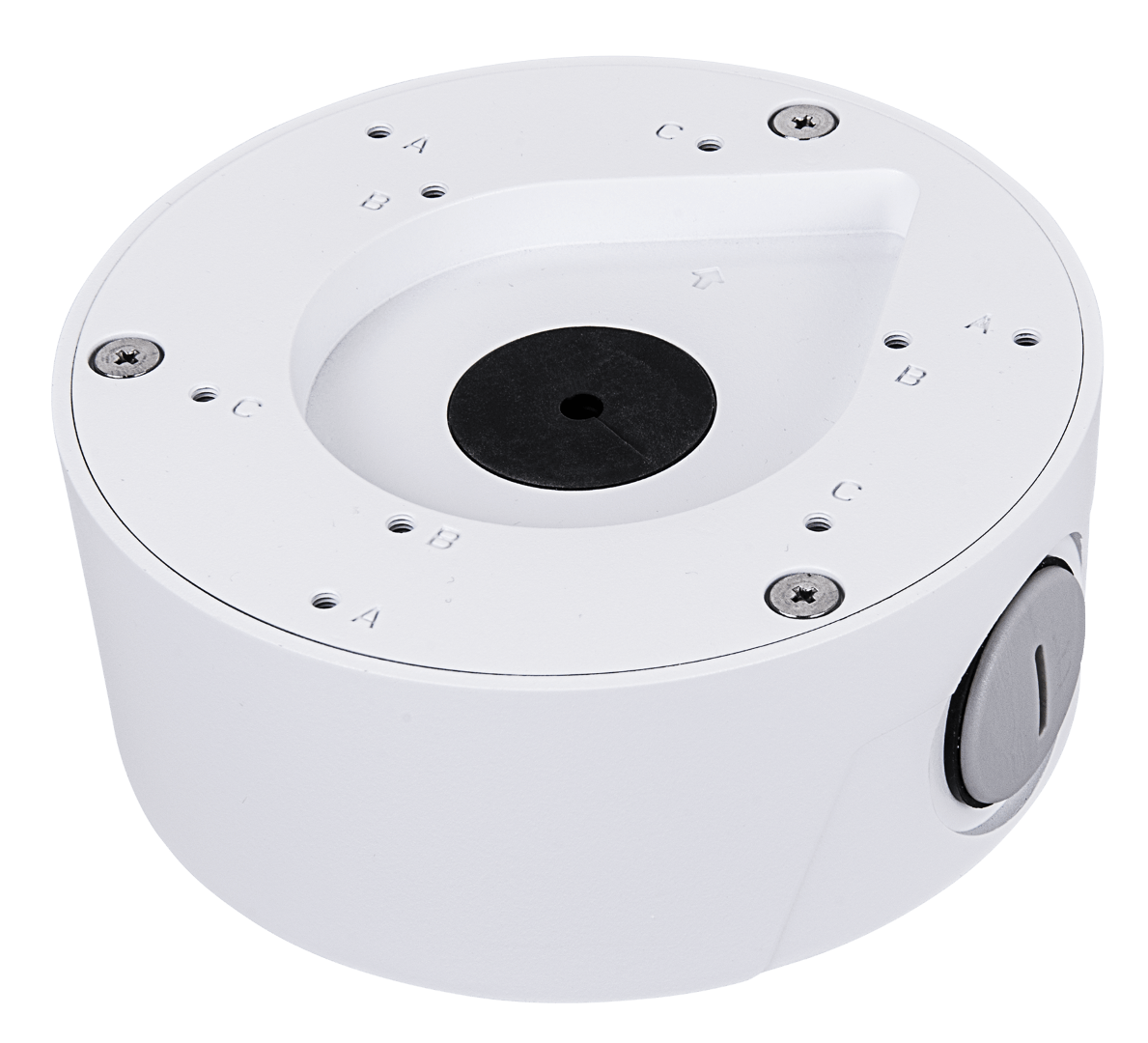 Witte ronde Vivotek AM-71B montageadapter voor dome camera's met een diameter van 138mm en zijdelingse kabeldoorvoer.