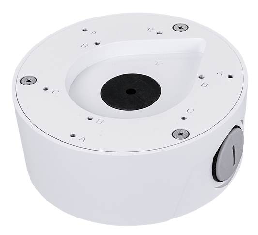 Witte ronde Vivotek AM-71B montageadapter voor dome camera's met een diameter van 138mm en zijdelingse kabeldoorvoer.