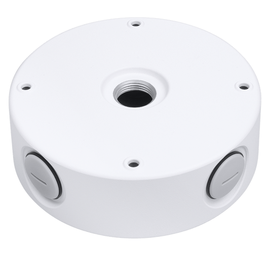 Witte ronde Vivotek AM-71G montageadapter van 172mm voor dome beveiligingscamera's met schroefgaten en kabeldoorvoeren.
