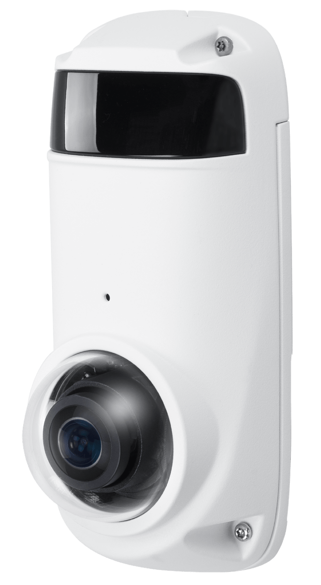 Witte Vivotek CC9381-HV-V2 5MP outdoor panoramische camera met 180° lens en IR-nachtzicht in een compacte behuizing.