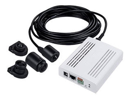 Vivotek CU9171-H 4MP covert pinhole camera met witte behuizing, zwarte lensmodules en aansluitkabel.