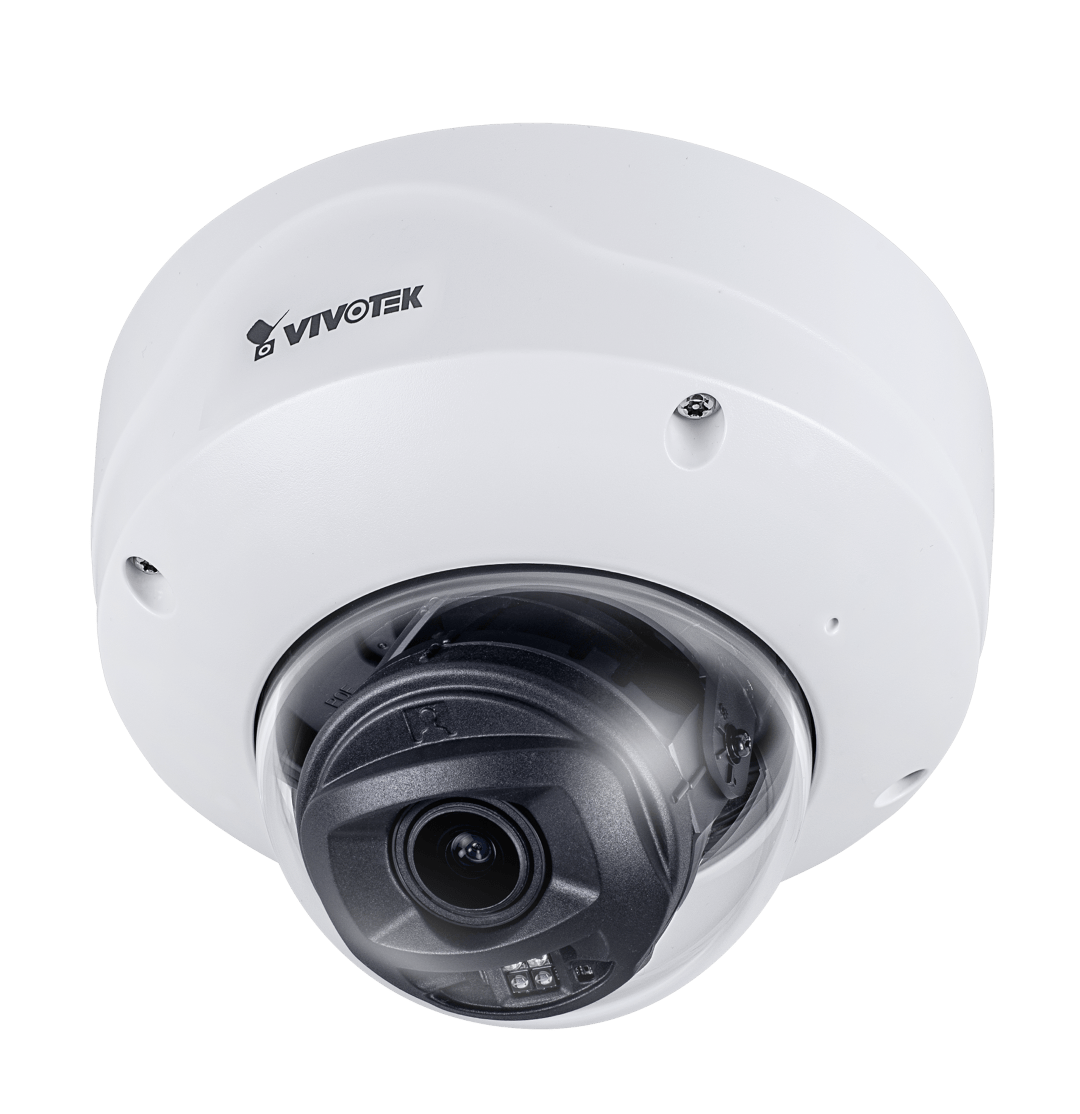 Witte Vivotek FD9167-HT-V2 indoor dome camera met varifocale lens en zwarte cameramodule tegen een witte achtergrond.