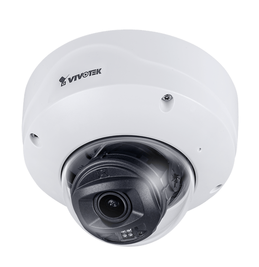 Witte Vivotek FD9167-HT-V2 indoor dome camera met varifocale lens en zwarte cameramodule tegen een witte achtergrond.