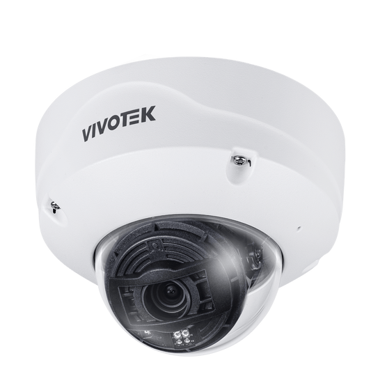 Witte Vivotek FD9391-EHTV-v2 4K multi-sensor dome camera voor buiten met transparante koepel en robuuste behuizing.