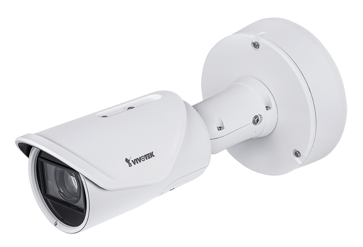 Witte Vivotek IB9367-EHT-v2 outdoor bullet beveiligingscamera met 5-50mm varifocale lens en robuuste behuizing.