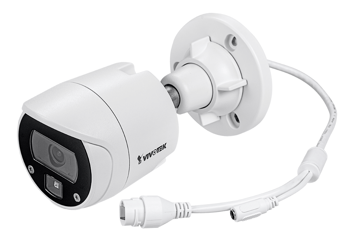 Witte Vivotek IB9369 outdoor bullet camera met vaste lens, wandmontagebeugel en aansluitkabels.
