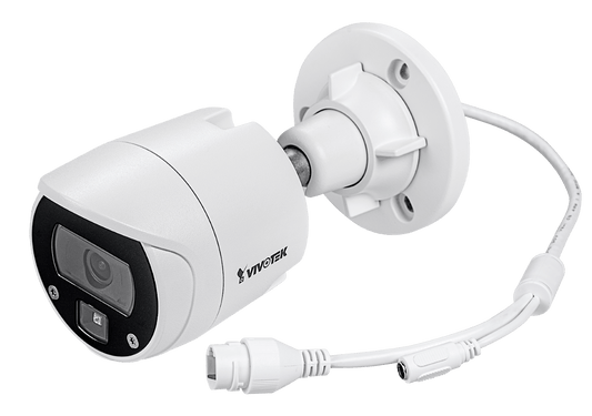 Witte Vivotek IB9369 outdoor bullet camera met vaste lens, wandmontagebeugel en aansluitkabels.