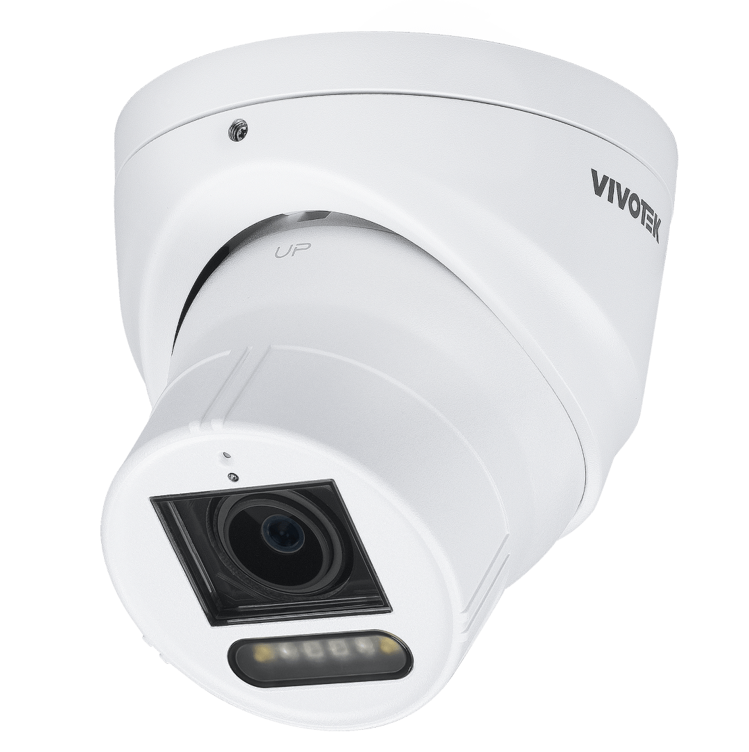 Witte Vivotek IT9399-HTVW 8MP outdoor turret camera met varifocale lens en IR-nachtzicht.
