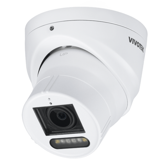 Witte Vivotek IT9399-HTVW 8MP outdoor turret camera met varifocale lens en IR-nachtzicht.