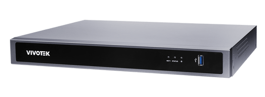 Zwarte Vivotek ND9426P 16-kanaals netwerkrecorder met USB-poort en statuslampjes in een compact 1U rack-ontwerp.
