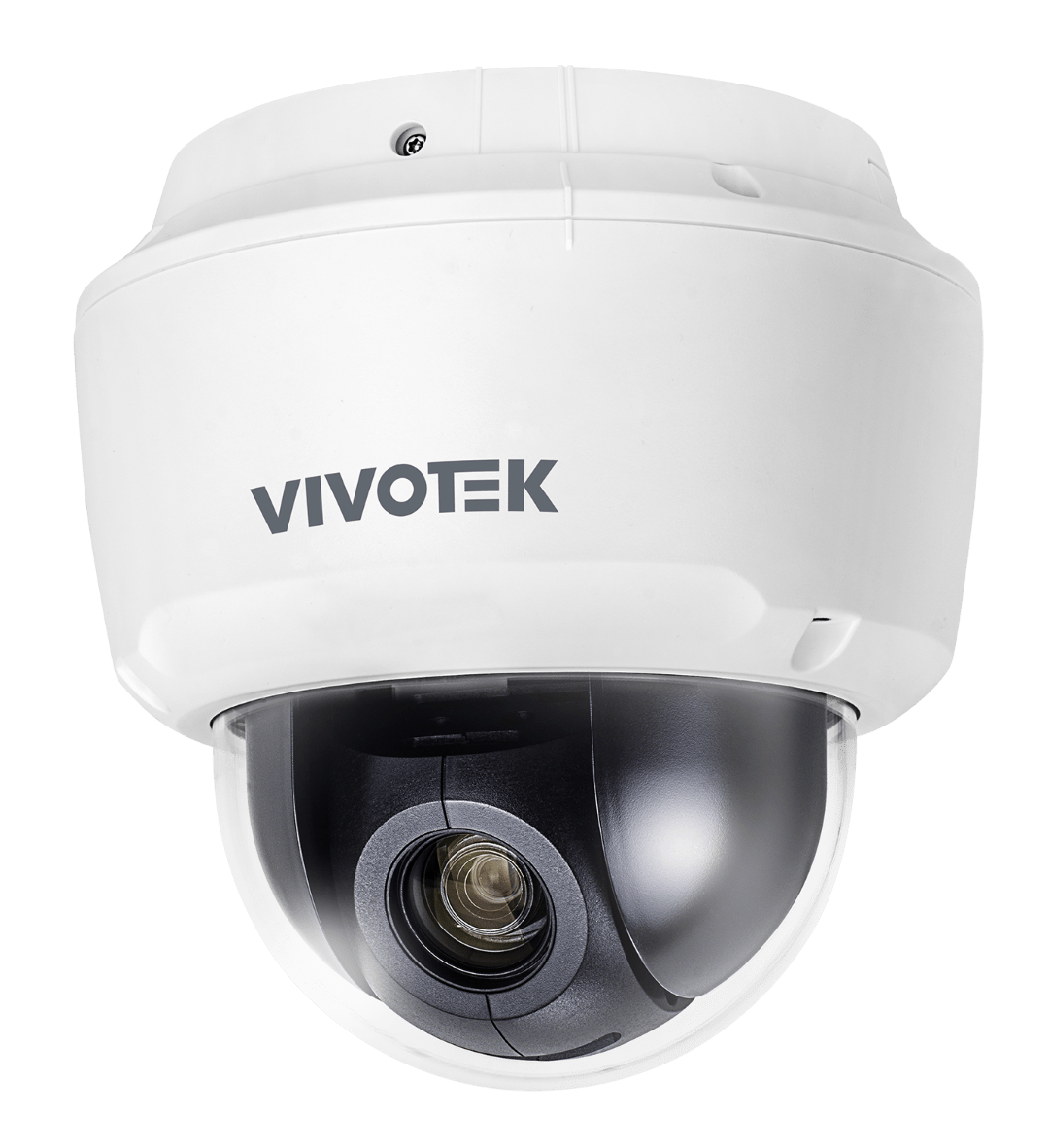 Witte Vivotek SD9161-H-v2 indoor speed dome camera met zwarte lensmodule en transparante koepel.