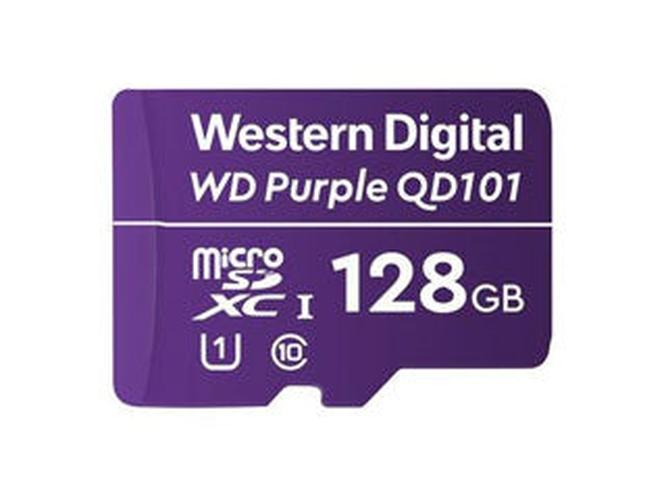 Paarse Western Digital Purple QD101 128GB microSD-kaart voor 24/7 videobewaking met witte tekst en logo's.
