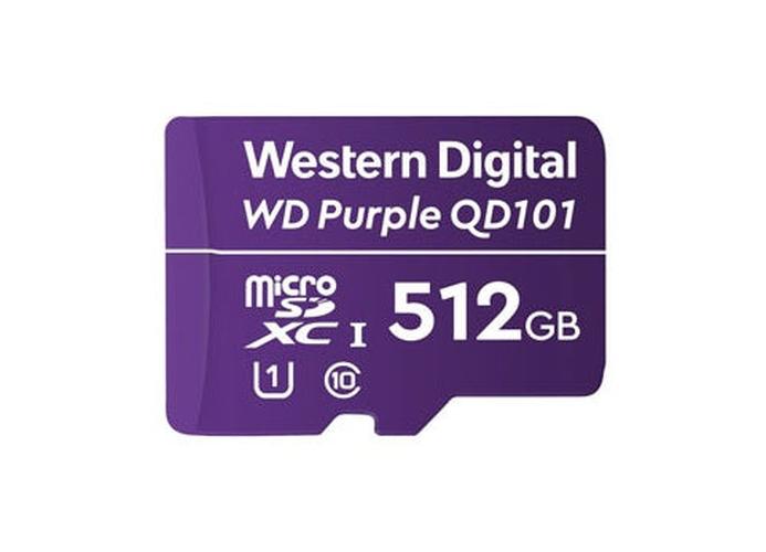 Paarse Western Digital Purple SC QD101 512GB microSD-kaart voor 24/7 videobewaking.